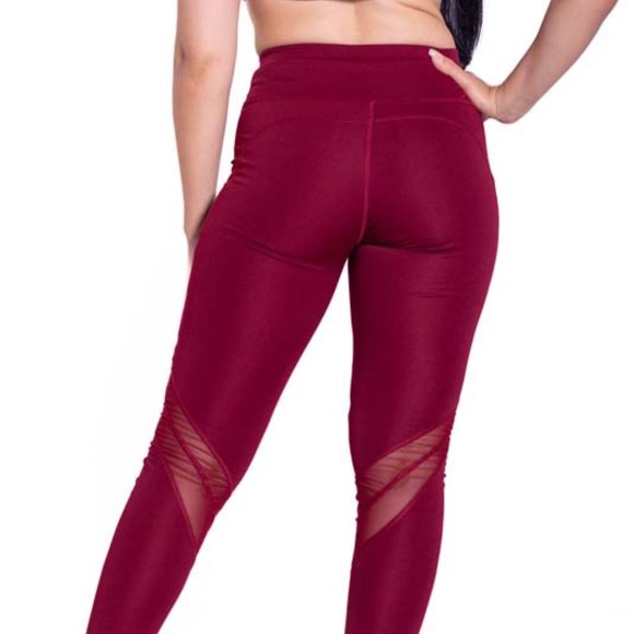 High-Waisted & Mash Panel Gym and Yoga Leggings with Side Pockets Burgundy - Picture 6 of 6